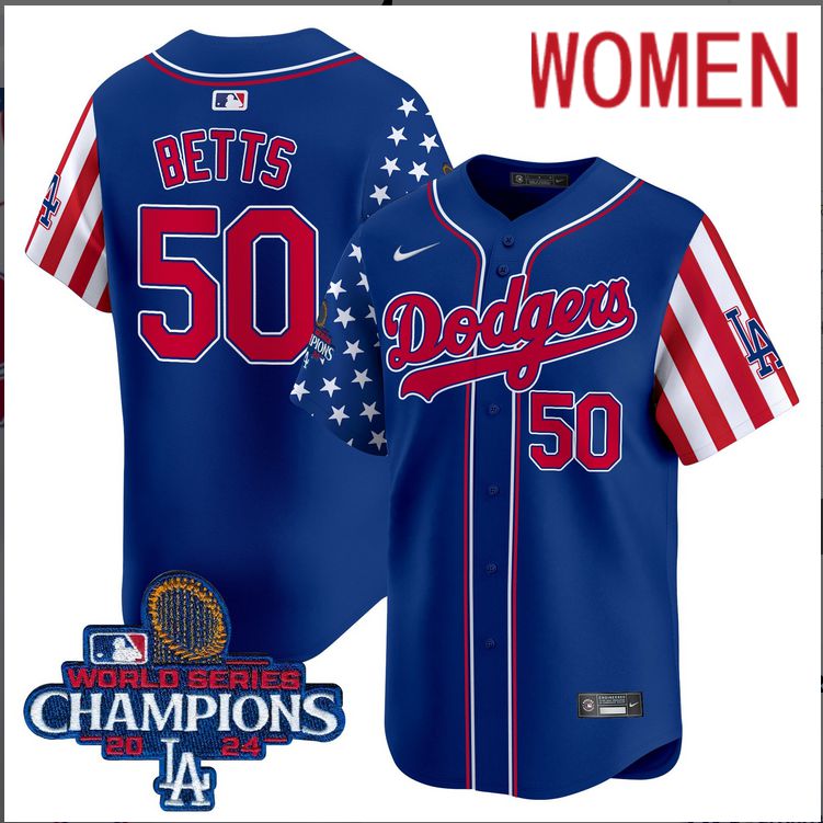 Women  MLB Los Angeles Dodgers #50 Betts American Style blue 2024 World Series Champions  Limited Jersey->women mlb jersey->Women Jersey